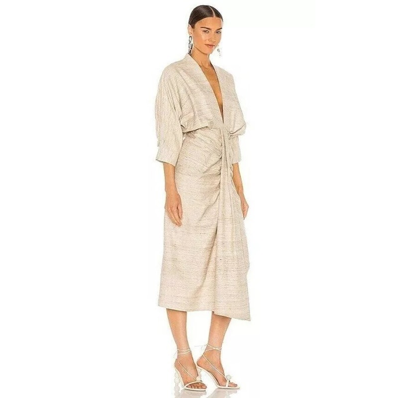 Piece Of White Audrey Dress Beige Raw Silk Dolman Sleeves Resort Size 34/Xs Nwt — image 5 of 8